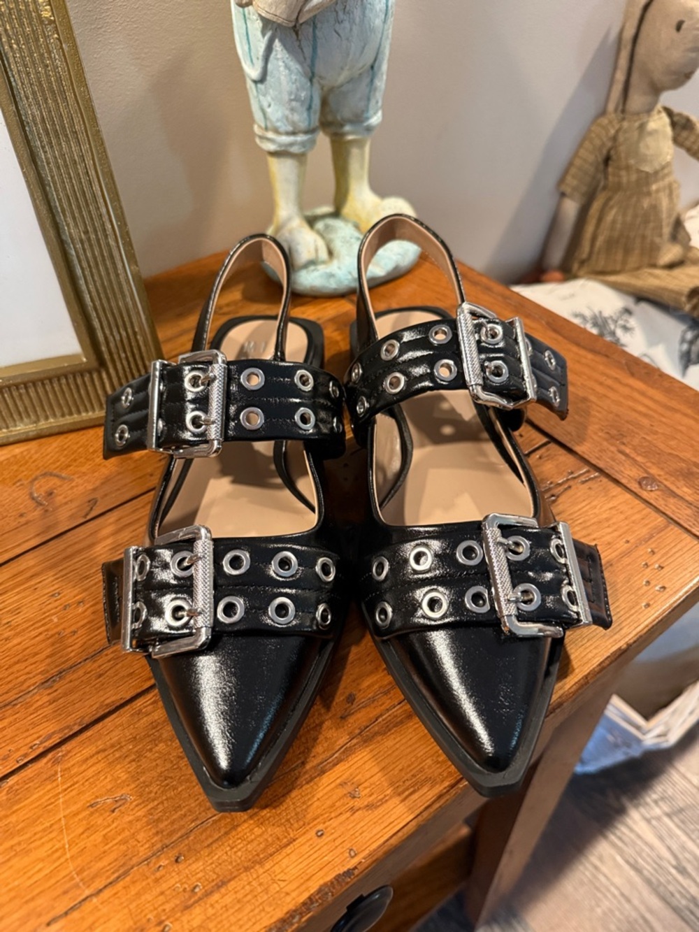 Mix No.6 Black Pointed Slingback Flats with Silver Buckle Detail